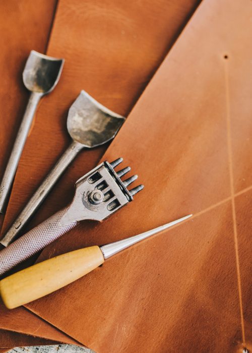 Leather crafting DIY tools flat lay still life